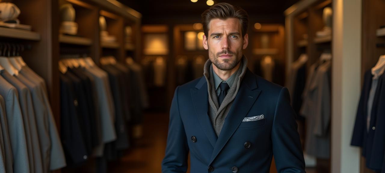 Sophisticated male model wearing signature men\'s garments in a stylish Newport Beach store