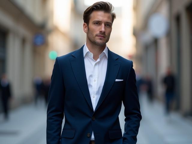 Model in a navy tailored suit with crisp white shirt