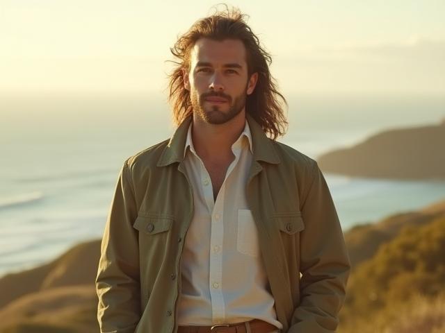Model wearing a stylish casual jacket and chinos